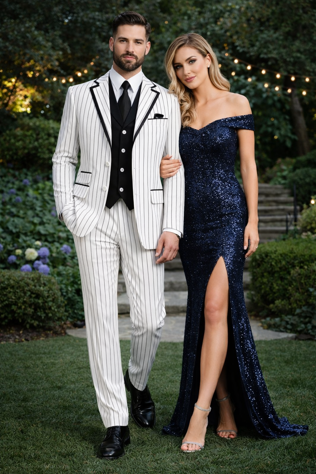 Cheap Priced Suit  - Mens 3 Button Vested Barbershop Quartet Suin In White With Black Turquoise Pinstripes