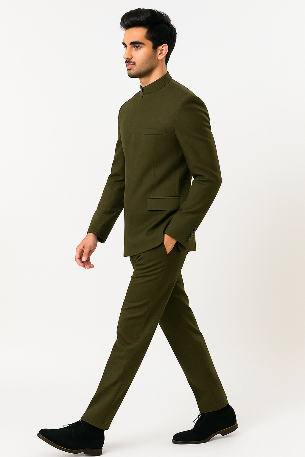 Cheap Priced Suit  - Mens Mandarin Banded Collar French Front Green Suit - 38 Short Jacket+32 Waist Adjustable 28to34)(Height: 5 4 to5 7 )(Neck  15-16.5)S-M)