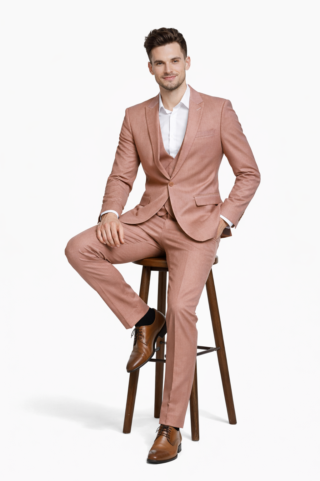 Cheap Priced Suit - Men's Slim Fit One Button Peak Lapel Low Cut Double Breasted Vest Wedding Peach Suit Peach Prom 2026 Suits - 38 Short Jacket+32 Waist Adjustable 28to34)(Height: 5 4 to5 7 )(Neck  15-16.5)S-M)