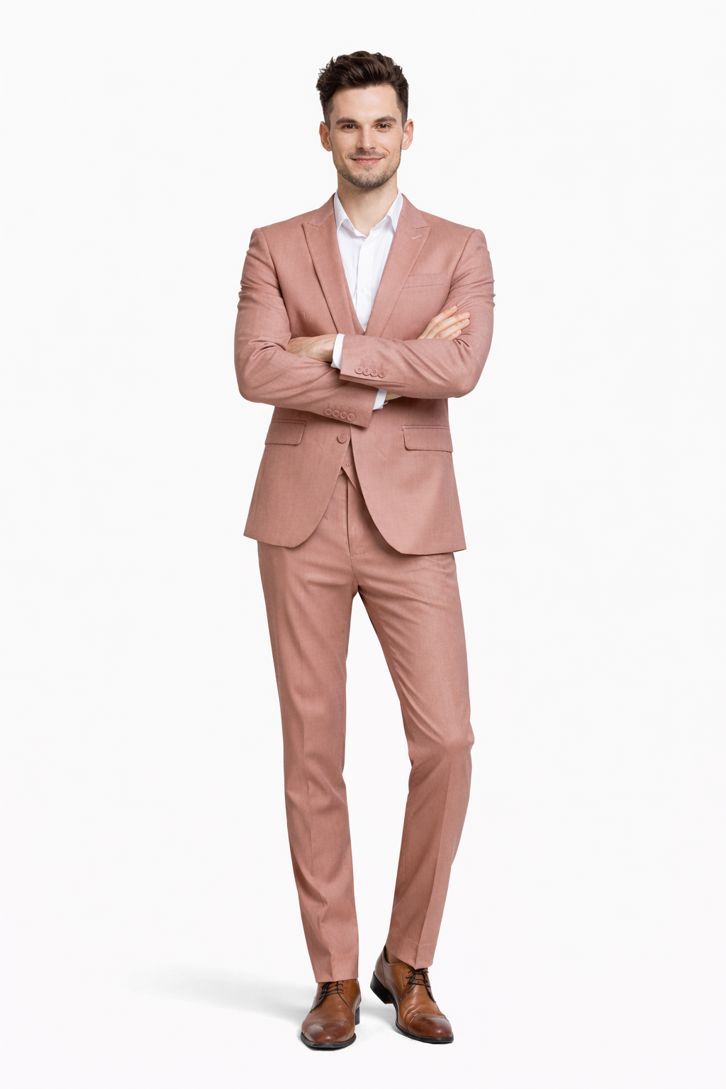 Cheap Priced Suit - Men's Slim Fit One Button Peak Lapel Low Cut Double Breasted Vest Wedding Peach Suit Peach Prom 2026 Suits - 38 Short Jacket+32 Waist Adjustable 28to34)(Height: 5 4 to5 7 )(Neck  15-16.5)S-M)