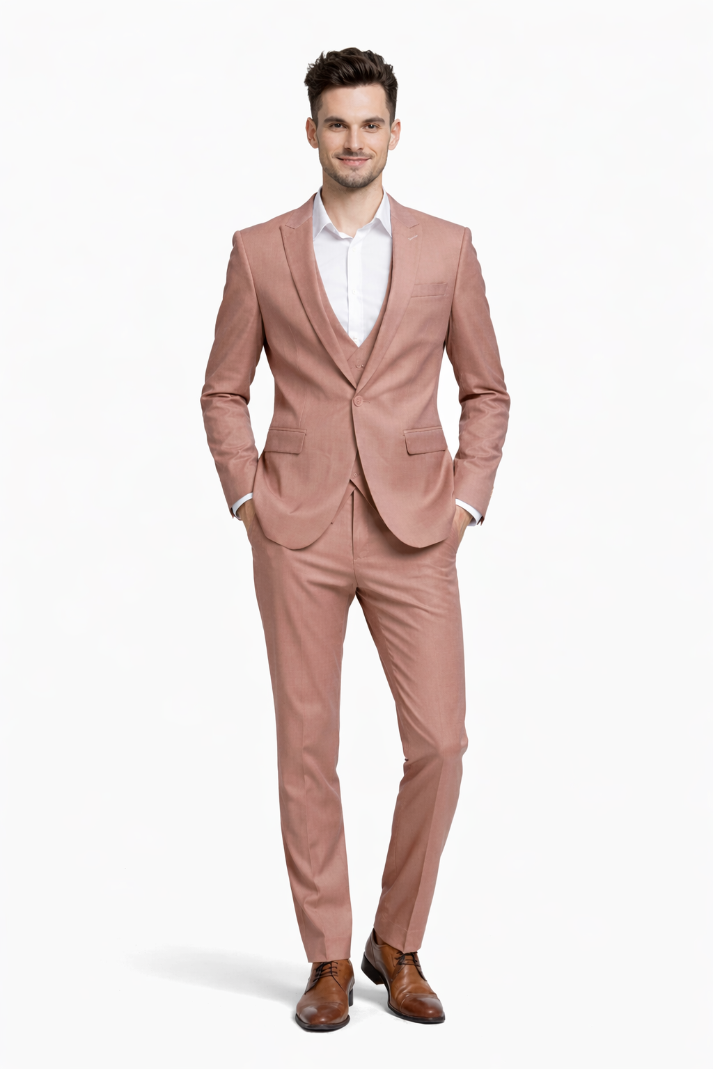 Cheap Priced Suit - Men's Slim Fit One Button Peak Lapel Low Cut Double Breasted Vest Wedding Peach Suit Peach Prom 2026 Suits - 38 Short Jacket+32 Waist Adjustable 28to34)(Height: 5 4 to5 7 )(Neck  15-16.5)S-M)