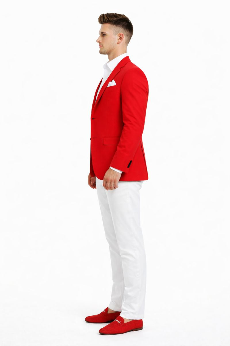 Cheap Priced Suit â€“ Menâ€™s Christmas Red New Year 2026 Prom Blazer Outfit, Discounted Jacket for Big Sizes with White Shirt & White Pants Affordable Sale - Short 34