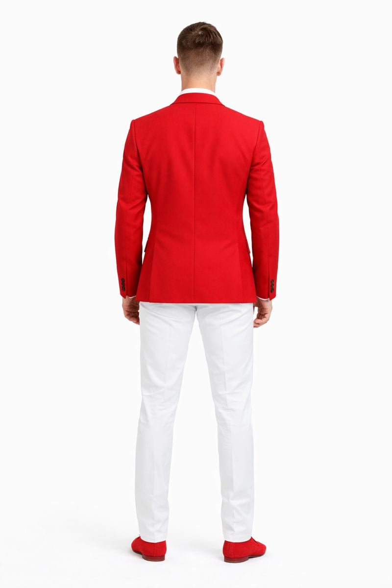 Cheap Priced Suit â€“ Menâ€™s Christmas Red New Year 2026 Prom Blazer Outfit, Discounted Jacket for Big Sizes with White Shirt & White Pants Affordable Sale - Short 34