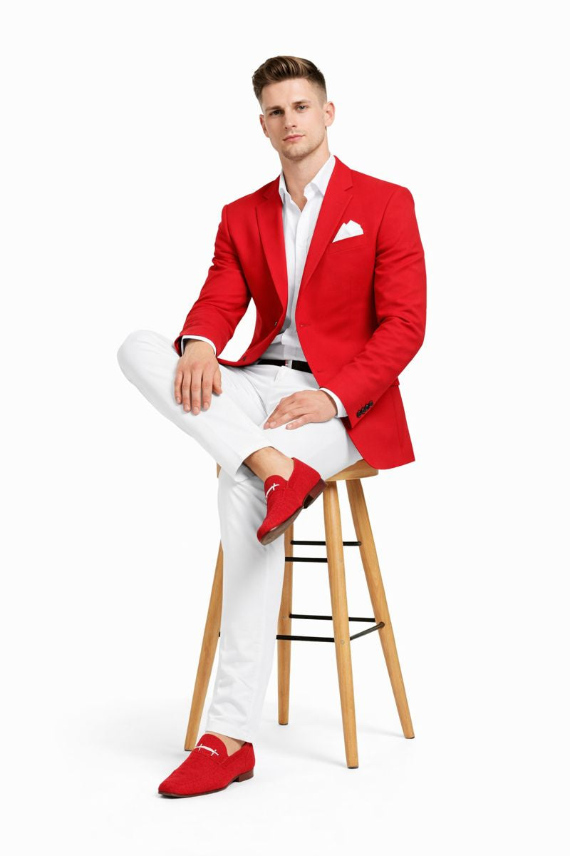 Cheap Priced Suit â€“ Menâ€™s Christmas Red New Year 2026 Prom Blazer Outfit, Discounted Jacket for Big Sizes with White Shirt & White Pants Affordable Sale - Short 34