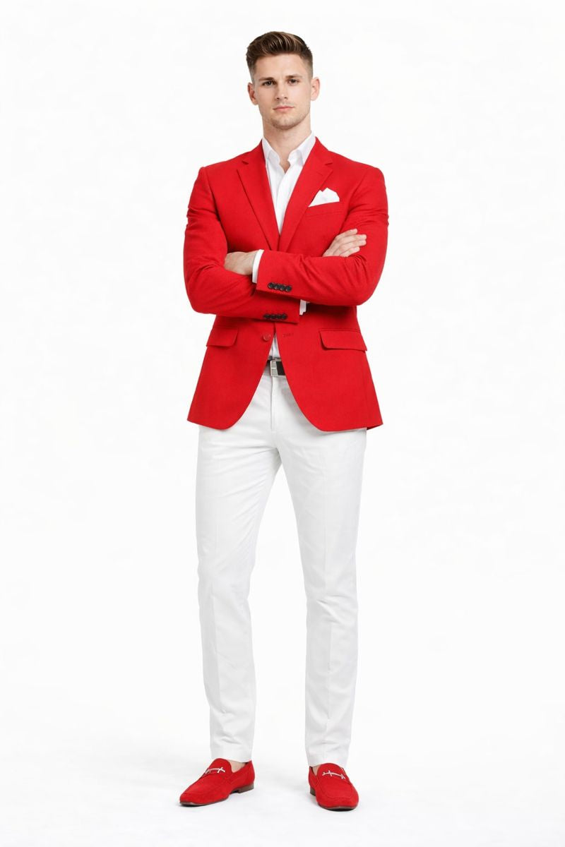 Cheap Priced Suit â€“ Menâ€™s Christmas Red New Year 2026 Prom Blazer Outfit, Discounted Jacket for Big Sizes with White Shirt & White Pants Affordable Sale - Short 34