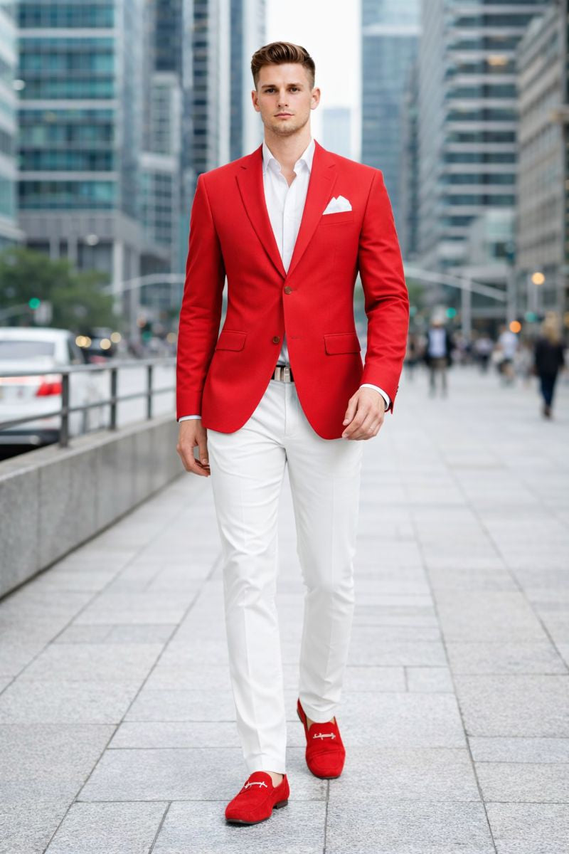 Cheap Priced Suit â€“ Menâ€™s Christmas Red New Year 2026 Prom Blazer Outfit, Discounted Jacket for Big Sizes with White Shirt & White Pants Affordable Sale - Short 34