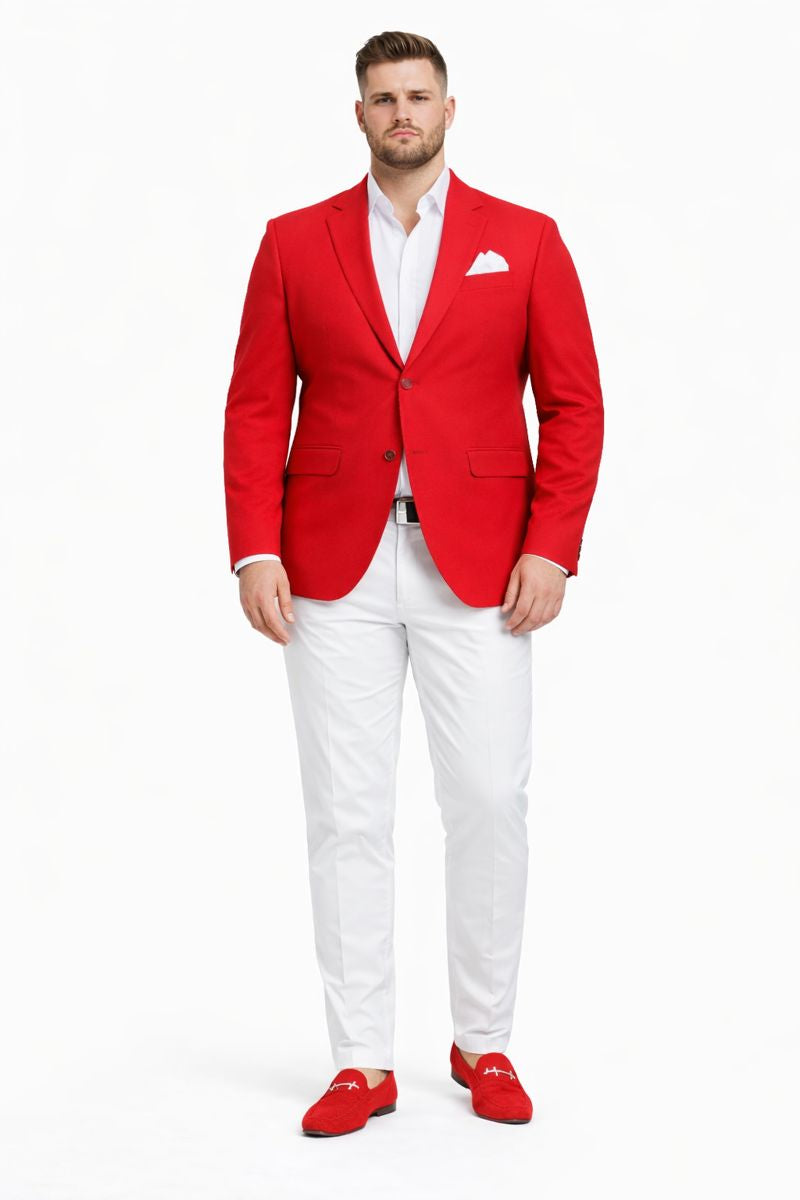 Cheap Priced Suit â€“ Menâ€™s Christmas Red New Year 2026 Prom Blazer Outfit, Discounted Jacket for Big Sizes with White Shirt & White Pants Affordable Sale - Short 34