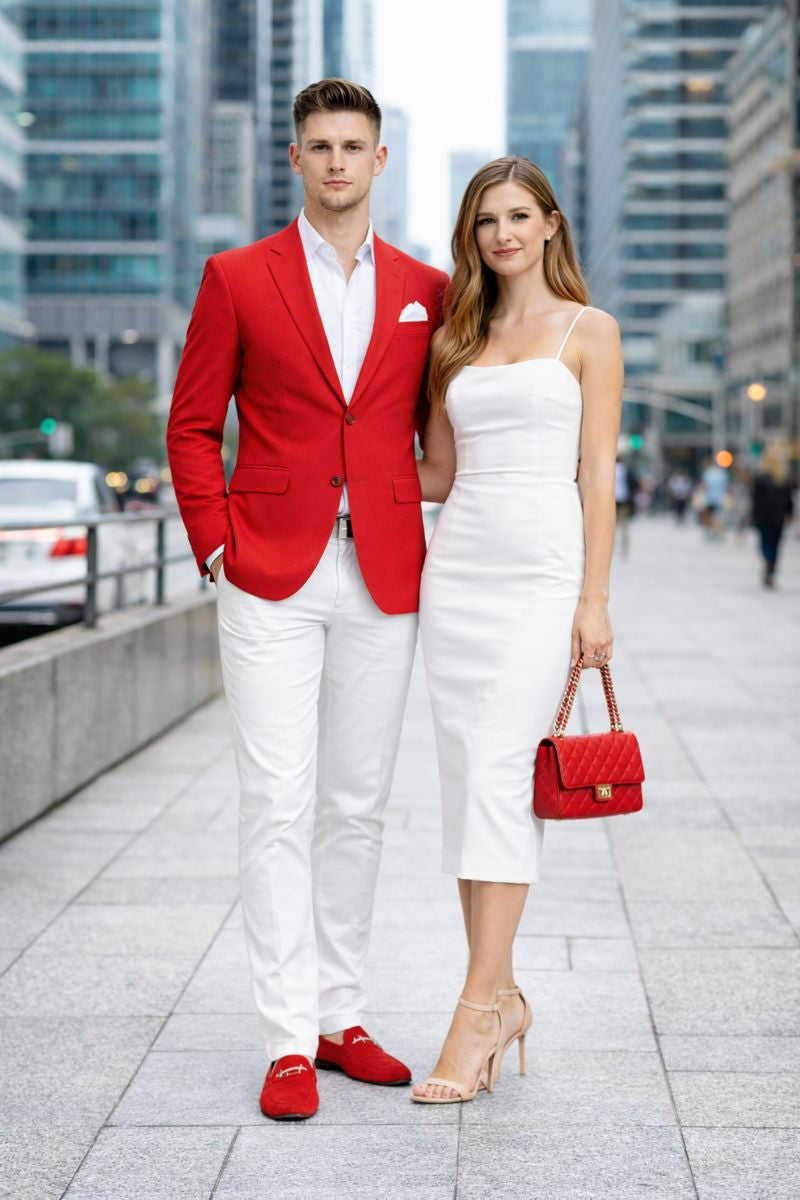 Cheap Priced Suit â€“ Menâ€™s Christmas Red New Year 2026 Prom Outfit, Discounted Blazer Jacket for Big Sizes with White Shirt & White Pants Affordable Sale - Short 34