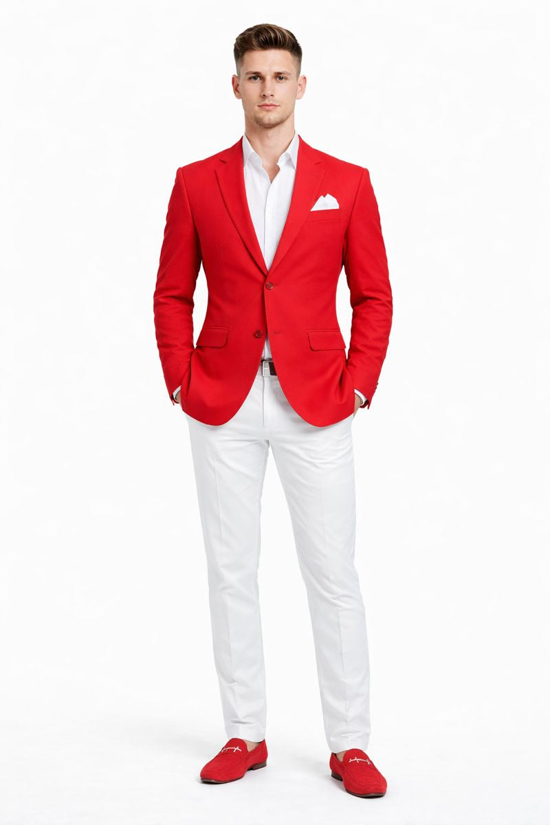 Cheap Priced Suit â€“ Menâ€™s Christmas Red New Year 2026 Prom Outfit, Discounted Blazer Jacket for Big Sizes with White Shirt & White Pants Affordable Sale - Short 34