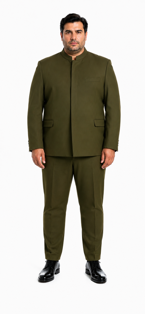 Cheap Priced Suit  - Mens Mandarin Banded Collar French Front Green Suit