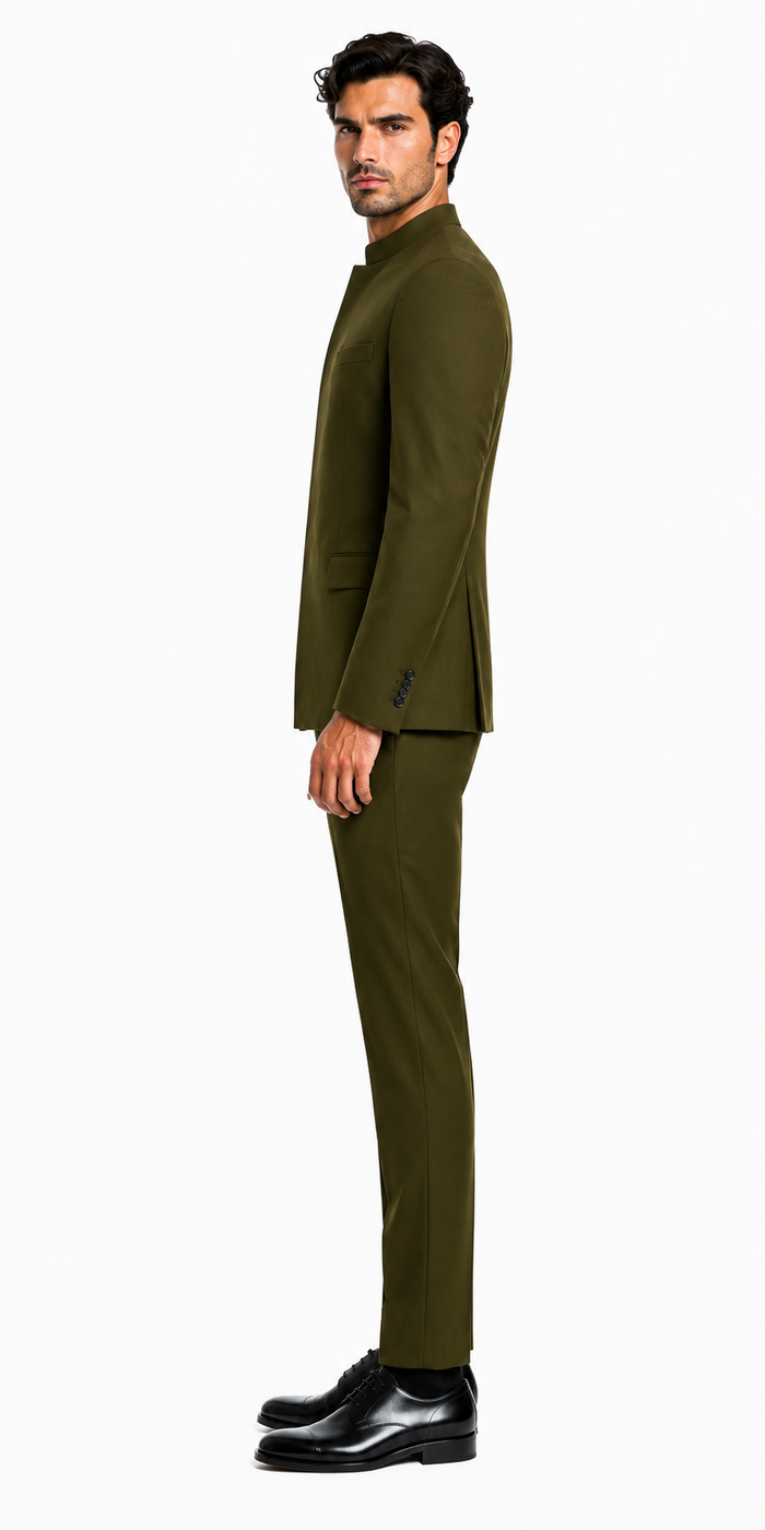Cheap Priced Suit  - Mens Mandarin Banded Collar French Front Green Suit