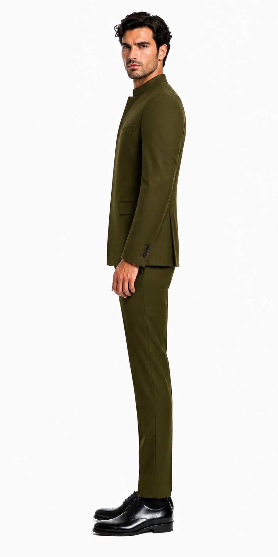 Cheap Priced Suit  - Mens Mandarin Banded Collar French Front Green Suit