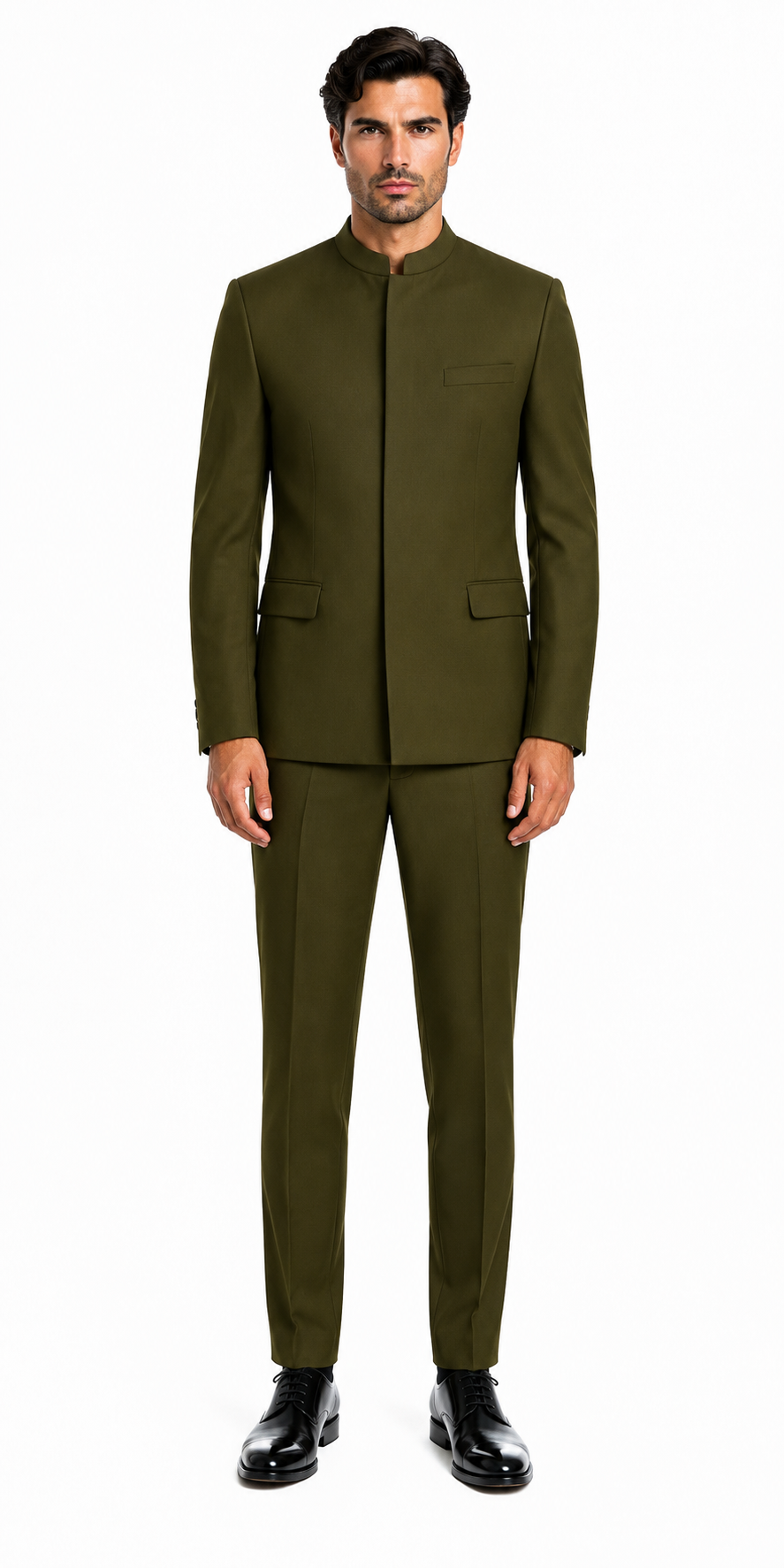Cheap Priced Suit  - Mens Mandarin Banded Collar French Front Green Suit - 38 Short Jacket+32 Waist Adjustable 28to34)(Height: 5 4 to5 7 )(Neck  15-16.5)S-M)