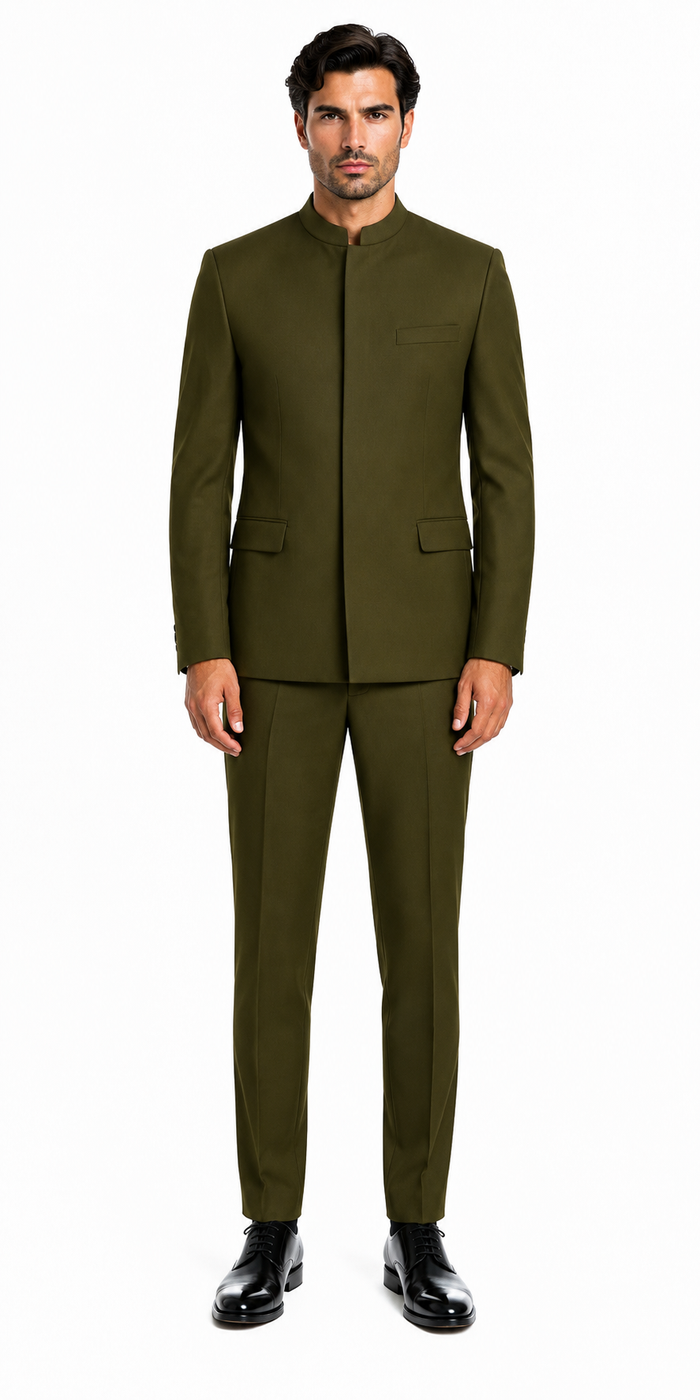 Cheap Priced Suit  - Mens Mandarin Banded Collar French Front Green Suit