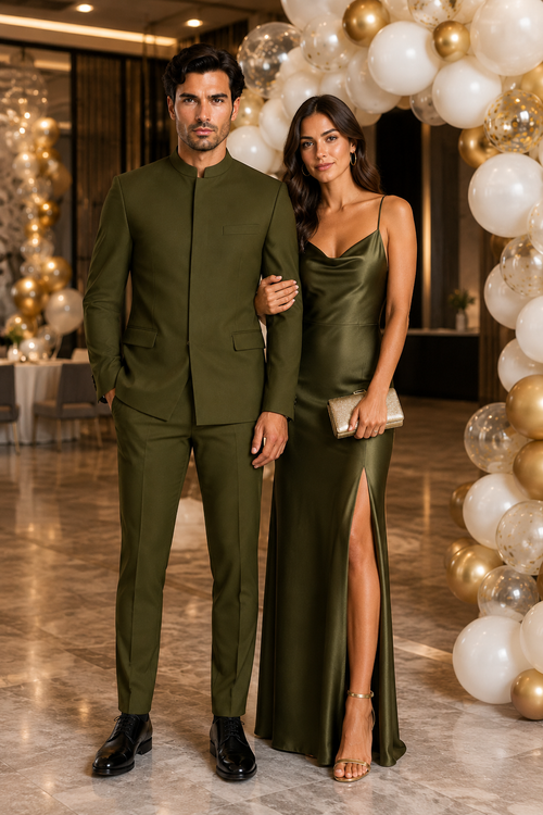 Cheap Priced Suit  - Mens Mandarin Banded Collar French Front Green Suit