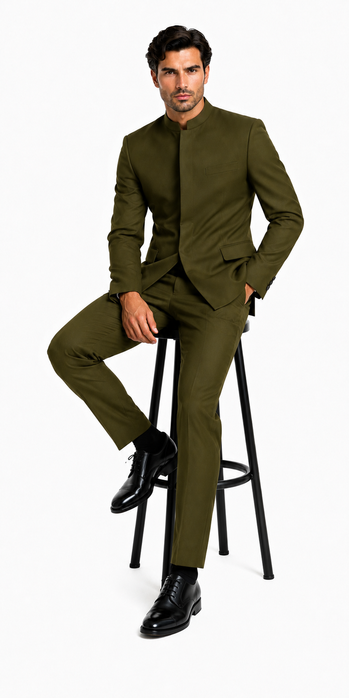 Cheap Priced Suit  - Mens Mandarin Banded Collar French Front Green Suit