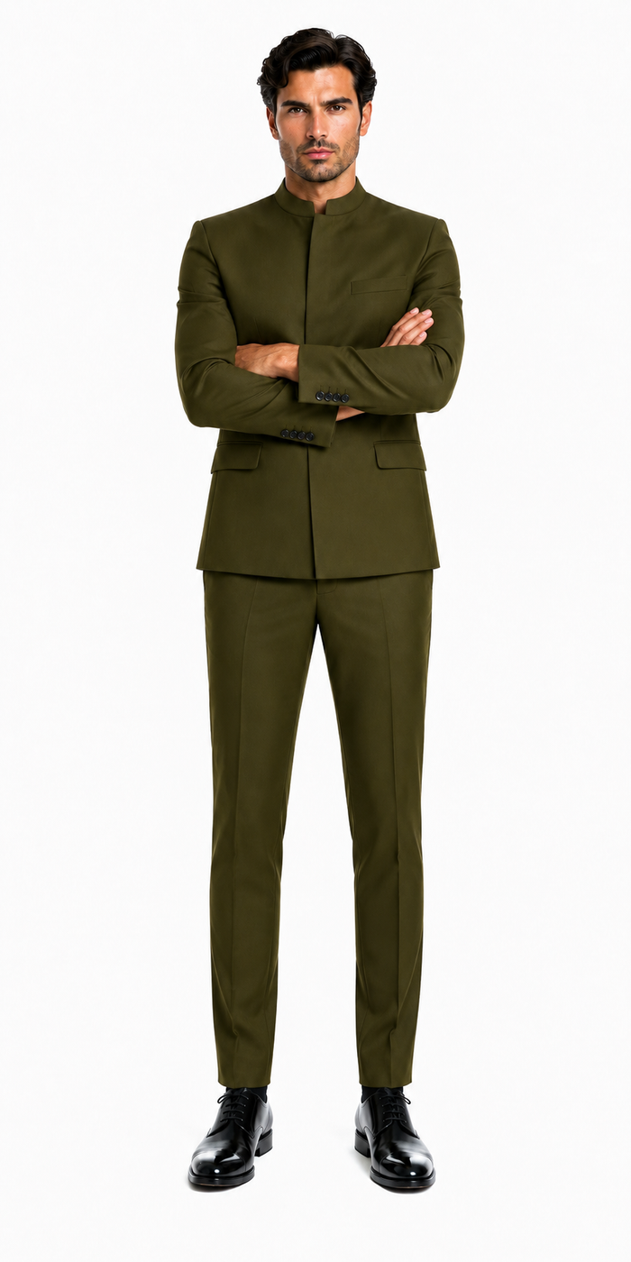 Cheap Priced Suit  - Mens Mandarin Banded Collar French Front Green Suit