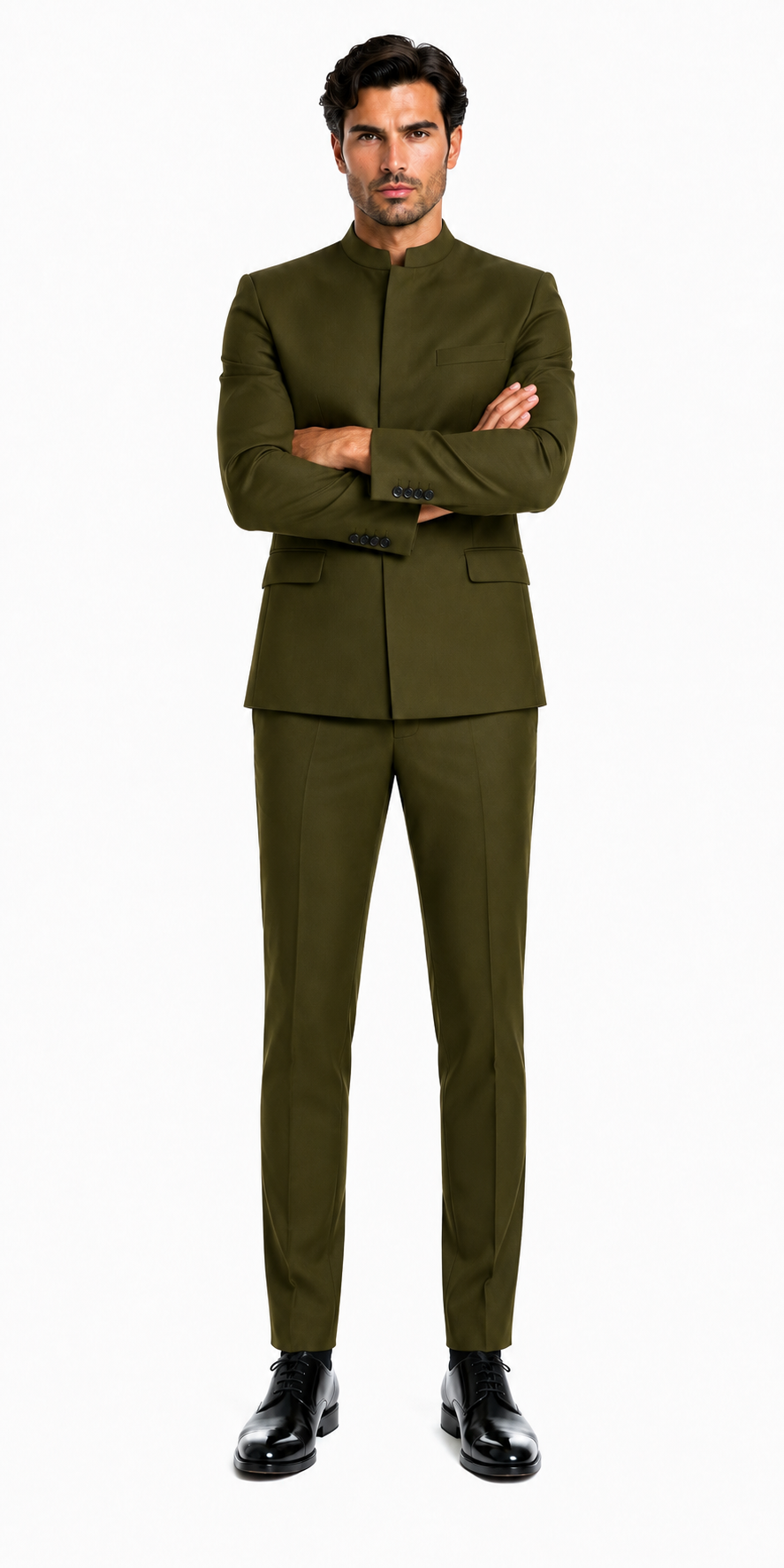 Cheap Priced Suit  - Mens Mandarin Banded Collar French Front Green Suit