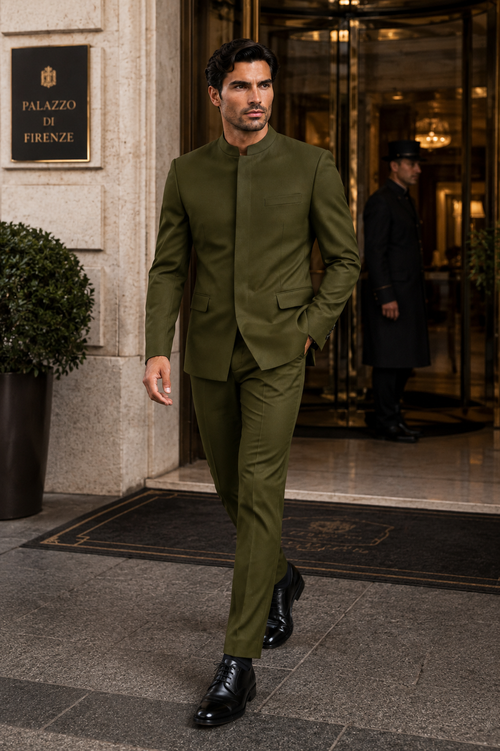 Cheap Priced Suit  - Mens Mandarin Banded Collar French Front Green Suit