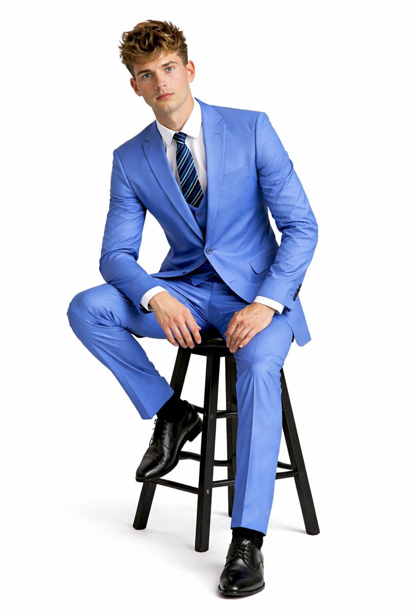 Cheap priced Suit - Men's One Button Peak Lapel Skinny Wedding & Prom 2026 Blue Suit With Lowcut Vest - 38 Short Jacket+32 Waist Adjustable 28to34)(Height: 5 4 to5 7 )(Neck  15-16.5)S-M)