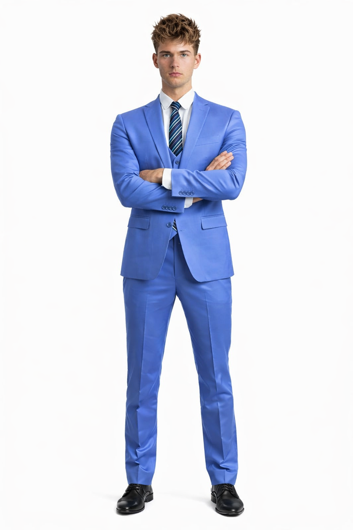 Cheap priced Suit - Men's One Button Peak Lapel Skinny Wedding & Prom 2026 Blue Suit With Lowcut Vest