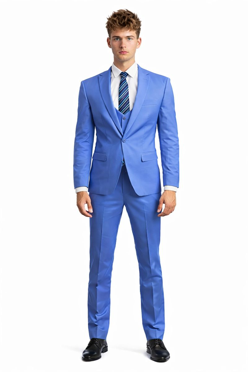 Cheap priced Suit - Men's One Button Peak Lapel Skinny Wedding & Prom 2026 Blue Suit With Lowcut Vest - 38 Short Jacket+32 Waist Adjustable 28to34)(Height: 5 4 to5 7 )(Neck  15-16.5)S-M)