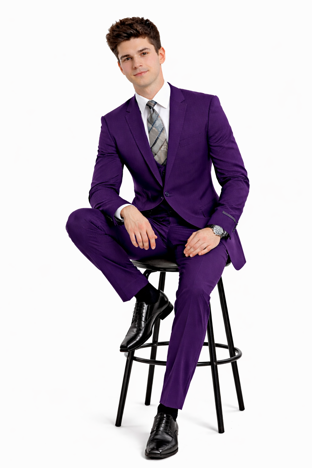 Cheap priced Suit  - Men's One Button Peak Lapel Skinny Wedding & Prom 2026 Eggplant Suit With Lowcut Vest - 38 Short Jacket+32 Waist Adjustable 28to34)(Height: 5 4 to5 7 )(Neck  15-16.5)S-M)