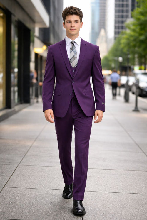 Cheap priced Suit  - Men's One Button Peak Lapel Skinny Wedding & Prom 2026 Eggplant Suit With Lowcut Vest