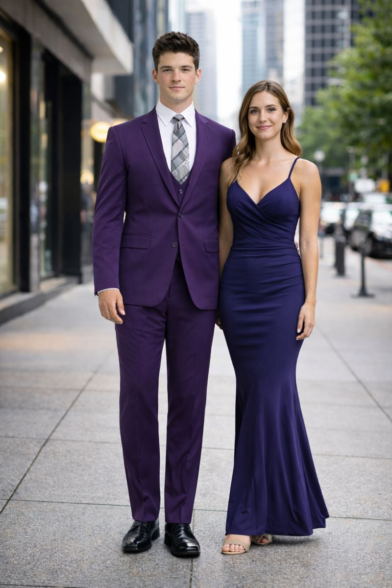 Cheap priced Suit  - Men's One Button Peak Lapel Skinny Wedding & Prom 2026 Eggplant Suit With Lowcut Vest - 38 Short Jacket+32 Waist Adjustable 28to34)(Height: 5 4 to5 7 )(Neck  15-16.5)S-M)