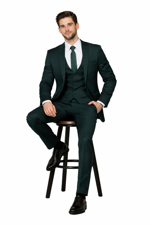 Cheap Priced Suit - Men's One Button Peak Lapel Skinny Wedding & Prom 2026 Hunter Green Suit With Lowcut Vest Green Prom 2026 Suits