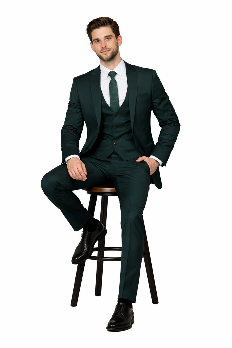 Cheap Priced Suit - Men's One Button Peak Lapel Skinny Wedding & Prom 2026 Hunter Green Suit With Lowcut Vest Green Prom 2026 Suits