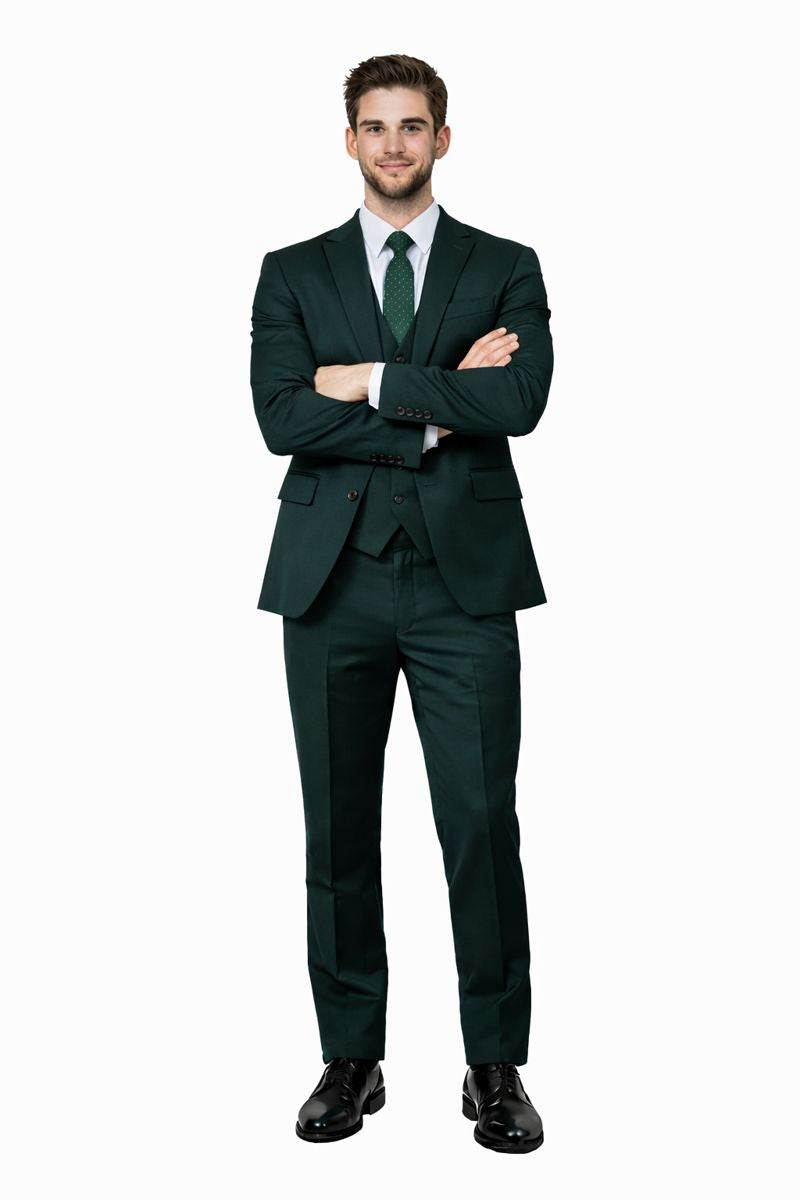 Cheap Priced Suit - Men's One Button Peak Lapel Skinny Wedding & Prom 2026 Hunter Green Suit With Lowcut Vest Green Prom 2026 Suits