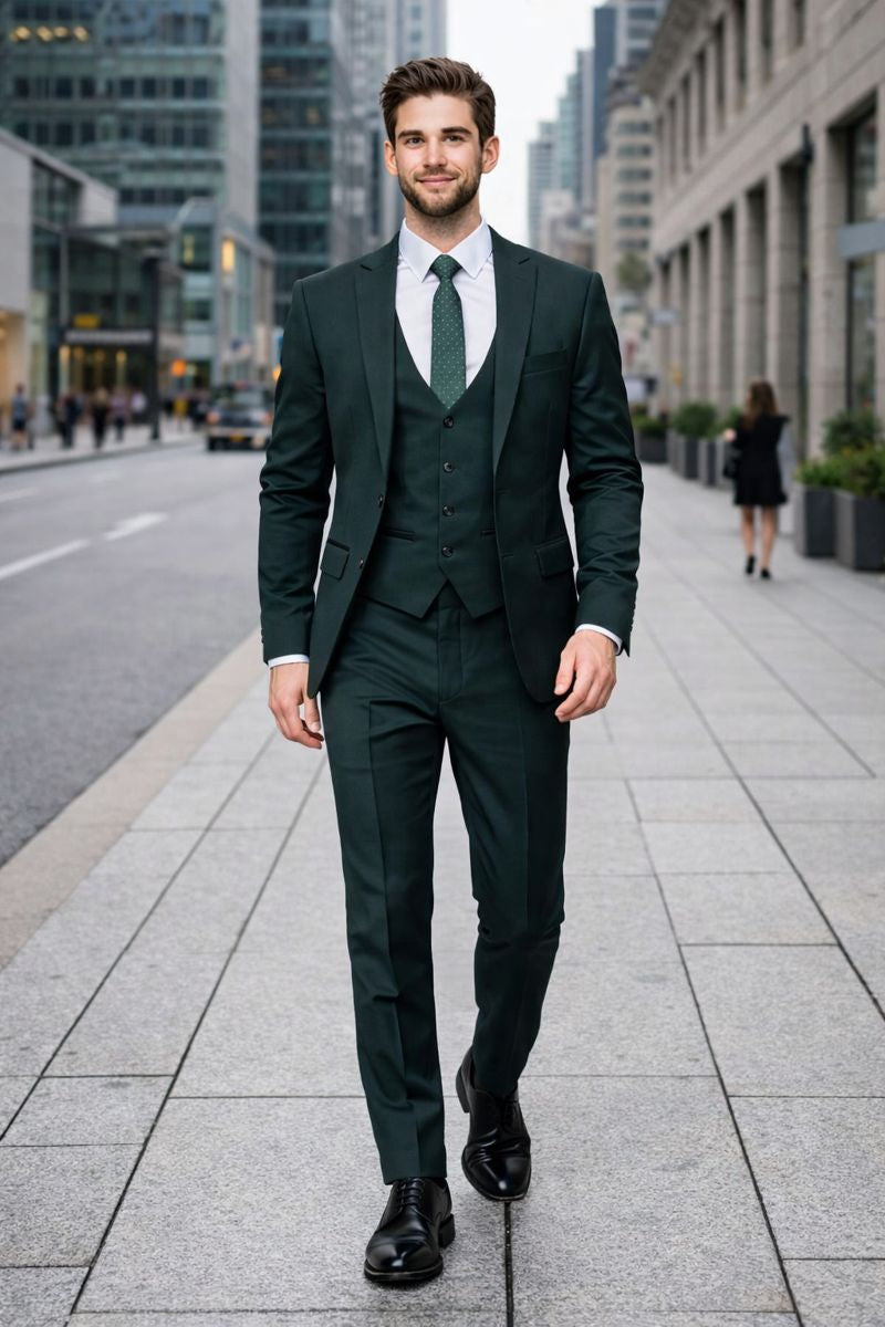 Cheap Priced Suit - Men's One Button Peak Lapel Skinny Wedding & Prom 2026 Hunter Green Suit With Lowcut Vest Green Prom 2026 Suits