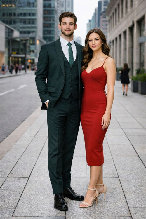 Cheap Priced Suit - Men's One Button Peak Lapel Skinny Wedding & Prom 2026 Hunter Green Suit With Lowcut Vest Green Prom 2026 Suits