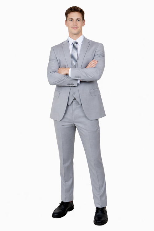 Cheap priced Suit  - Men's One Button Peak Lapel Skinny Wedding & Prom 2026 Light Grey Suit With Lowcut Vest