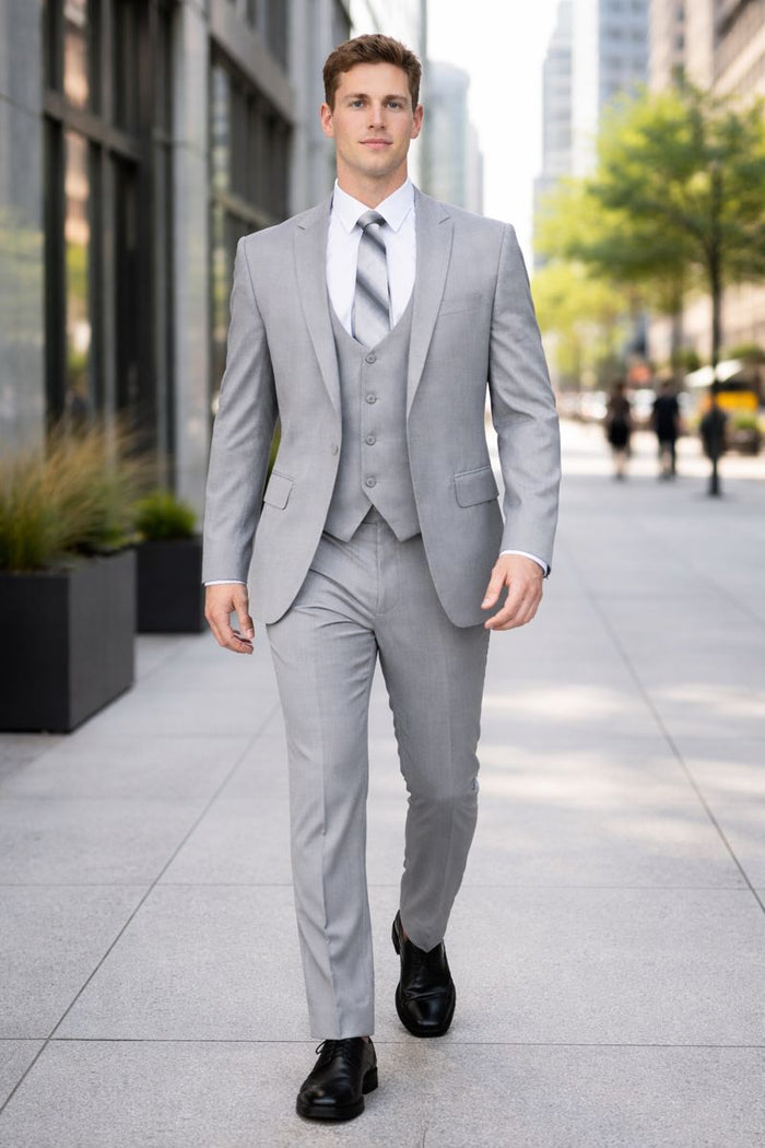 Cheap priced Suit  - Men's One Button Peak Lapel Skinny Wedding & Prom 2026 Light Grey Suit With Lowcut Vest