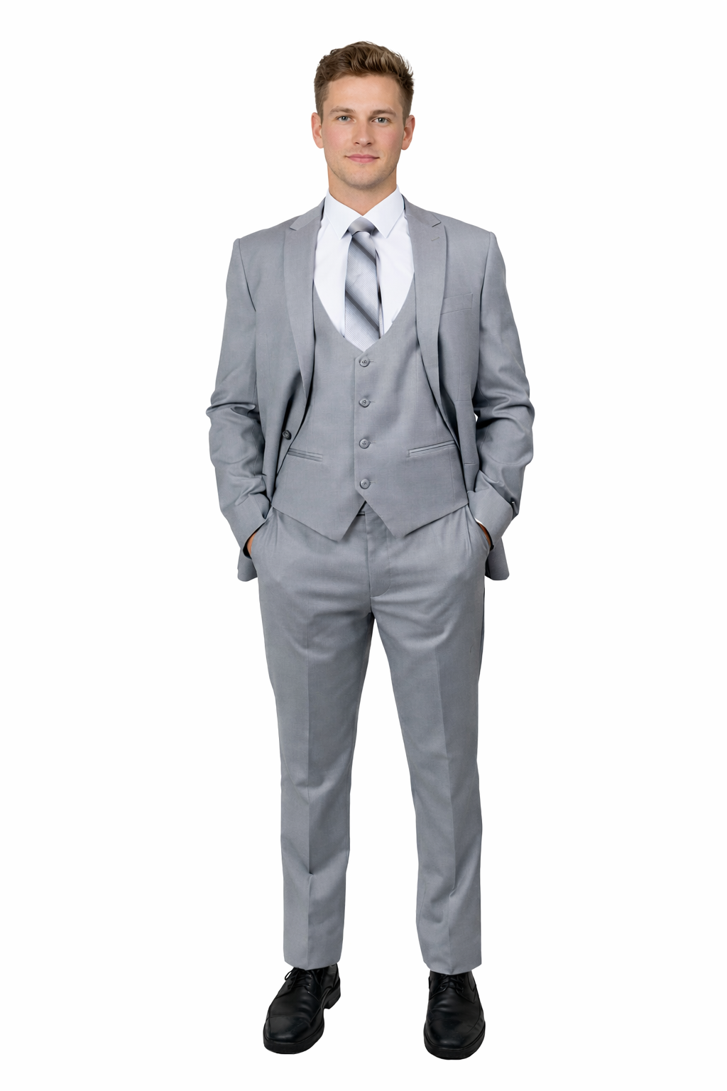 Cheap priced Suit  - Men's One Button Peak Lapel Skinny Wedding & Prom 2026 Light Grey Suit With Lowcut Vest - 38 Short Jacket+32 Waist Adjustable 28to34)(Height: 5 4 to5 7 )(Neck  15-16.5)S-M)