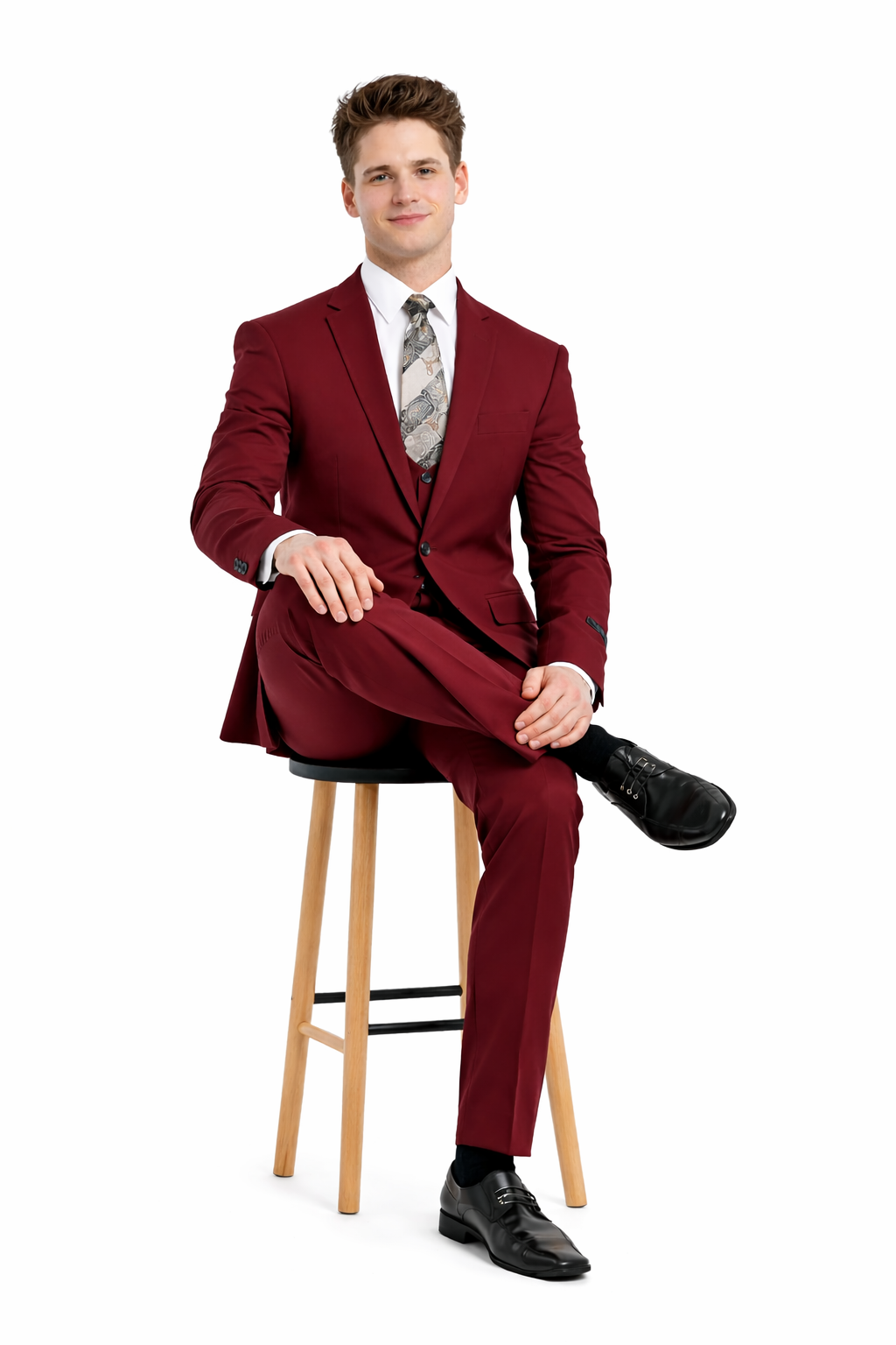 Cheap priced Suit  - Men's One Button Peak Lapel Skinny Wedding & Prom 2026 Red Suit With Lowcut Vest - 38 Short Jacket+32 Waist Adjustable 28to34)(Height: 5 4 to5 7 )(Neck  15-16.5)S-M)