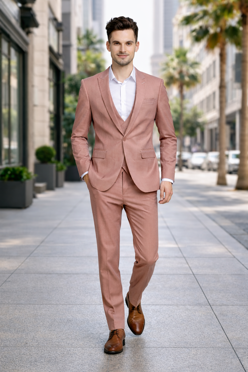 Cheap Priced Suit - Men's Slim Fit One Button Peak Lapel Low Cut Double Breasted Vest Wedding Peach Suit Peach Prom 2026 Suits - 38 Short Jacket+32 Waist Adjustable 28to34)(Height: 5 4 to5 7 )(Neck  15-16.5)S-M)