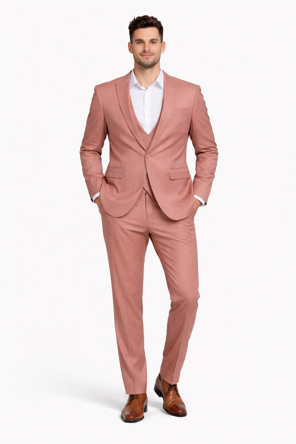 Cheap Priced Suit - Men's Slim Fit One Button Peak Lapel Low Cut Double Breasted Vest Wedding Peach Suit Peach Prom 2026 Suits - 38 Short Jacket+32 Waist Adjustable 28to34)(Height: 5 4 to5 7 )(Neck  15-16.5)S-M)