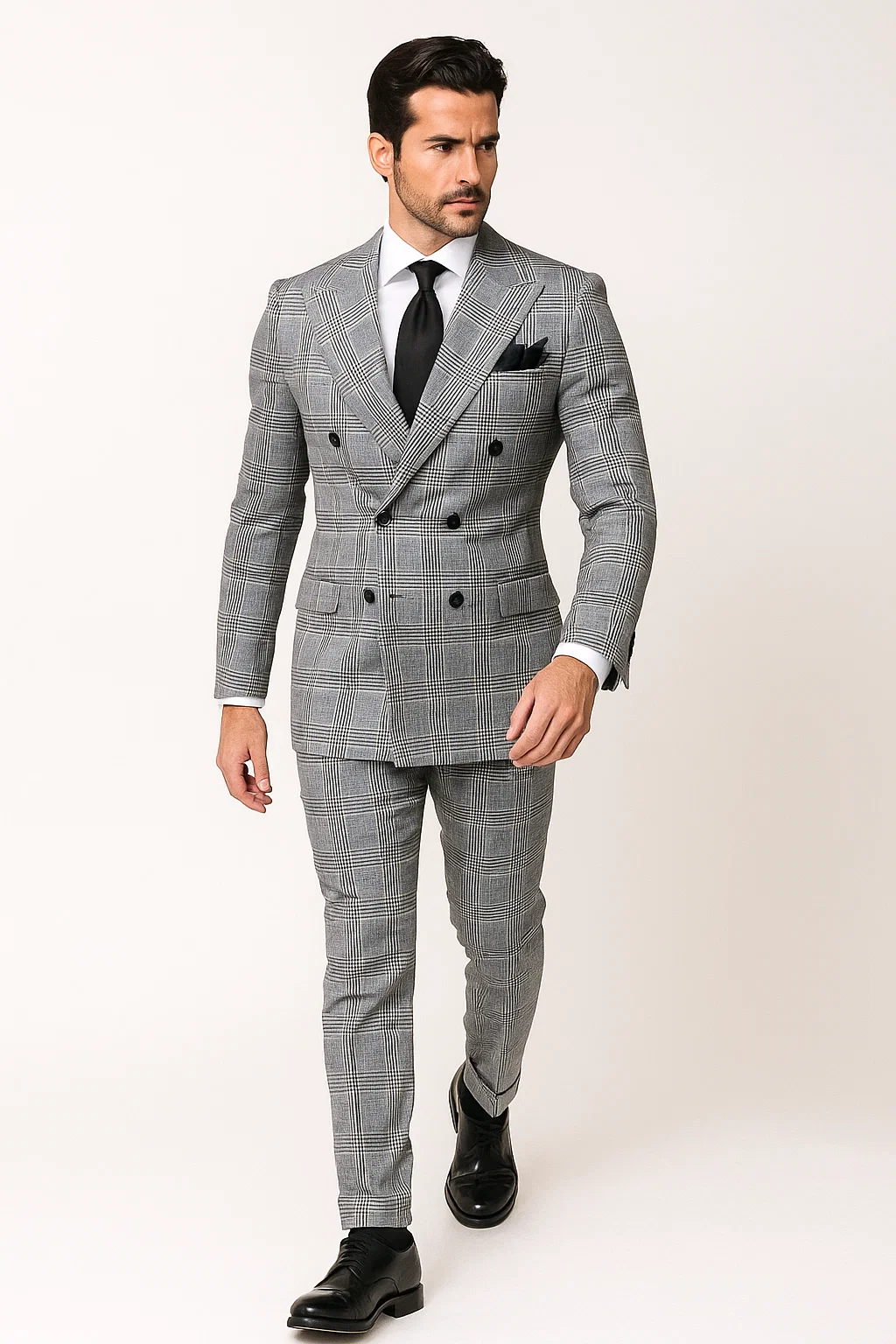 Suits With Baggy Pleated Pants - Wide Leg Pants 100% Wool - Classic Fit in Black and White Plaid Color by Rossiman - 38 Regular