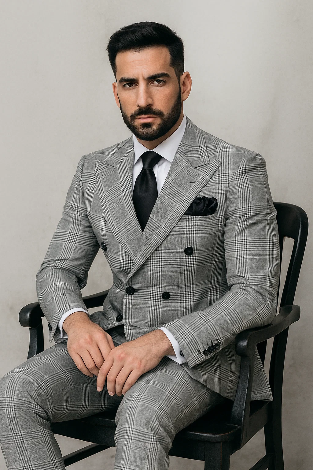 Suits With Baggy Pleated Pants - Wide Leg Pants 100% Wool - Classic Fit in Black and White Plaid Color by Rossiman - 38 Regular