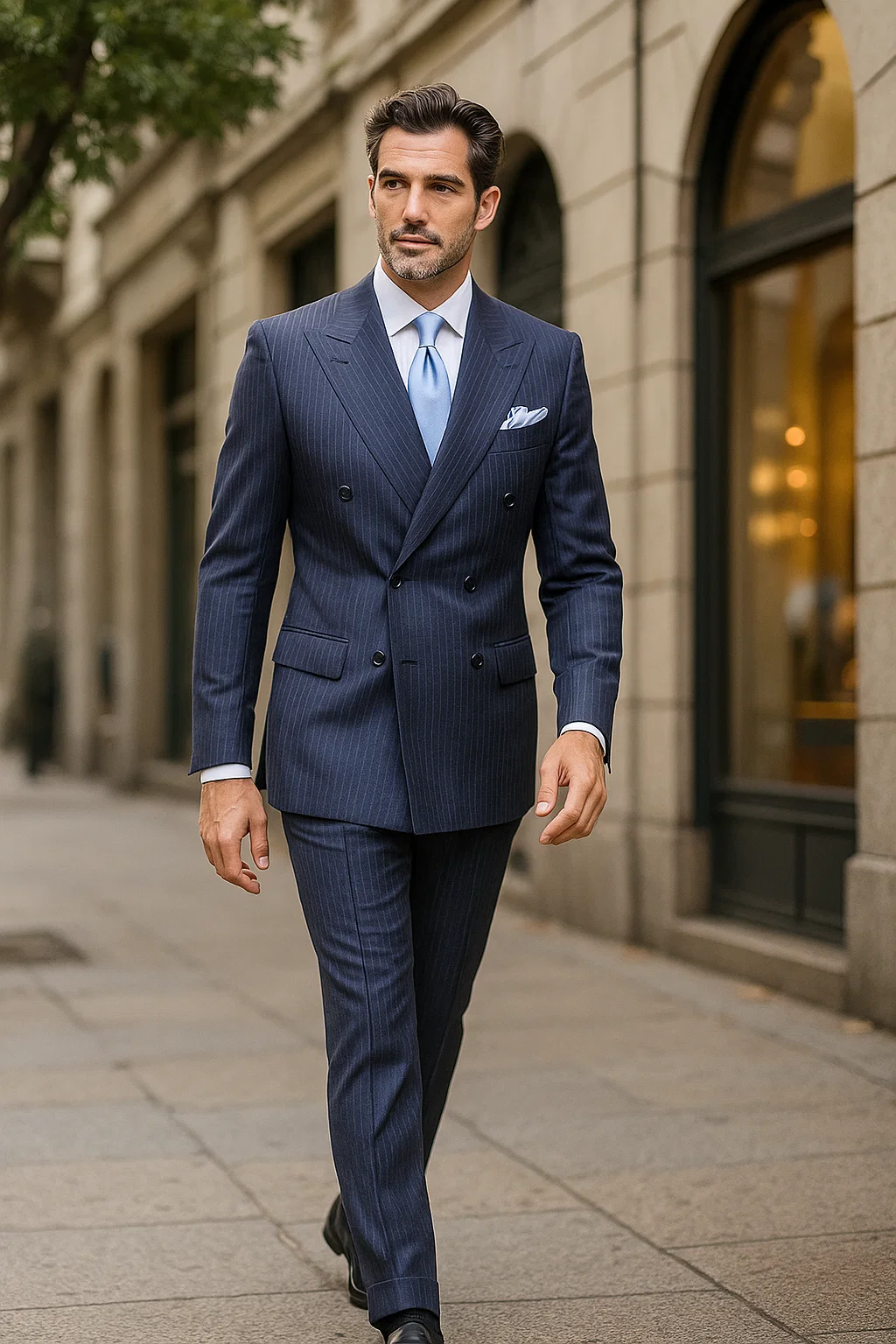 Suits With Baggy Pleated Pants - Wide Leg Pants 100% Wool - Classic Fit in Navy with White Pinstripe Color by Rossiman - 38 Regular