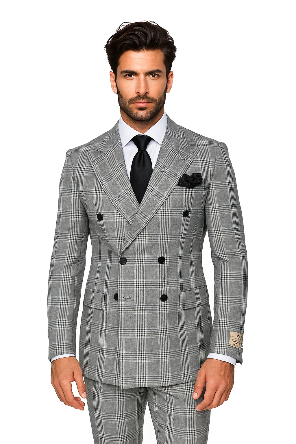 Suits With Baggy Pleated Pants - Wide Leg Pants 100% Wool - Classic Fit in Black and White Plaid Color by Rossiman - 38 Regular