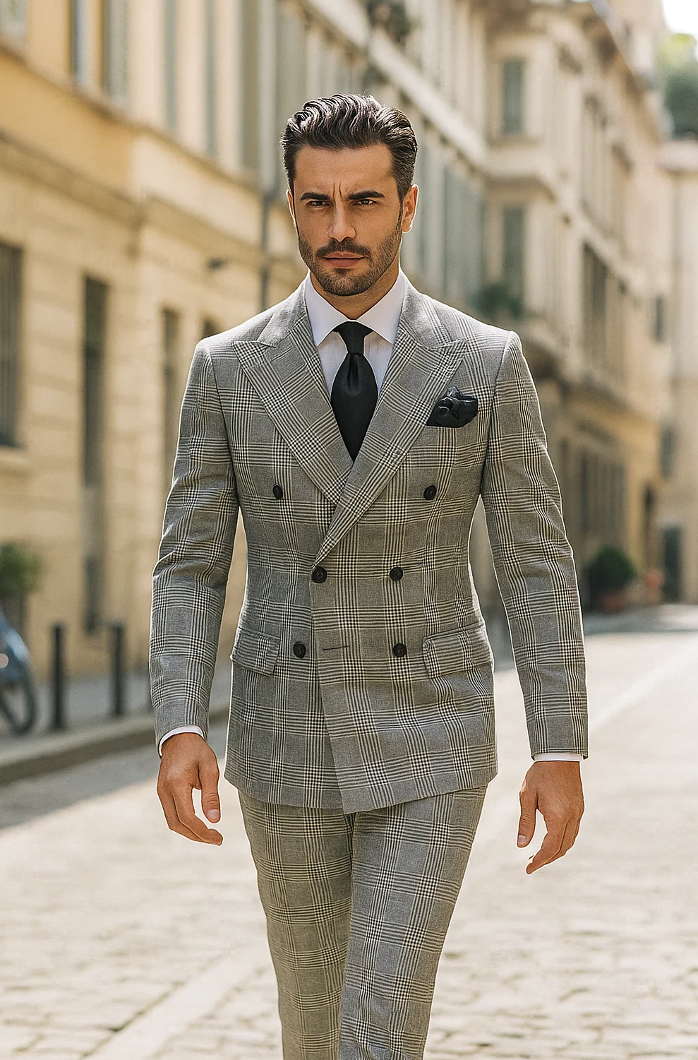 Suits With Baggy Pleated Pants - Wide Leg Pants 100% Wool - Classic Fit in Black and White Plaid Color by Rossiman - 38 Regular