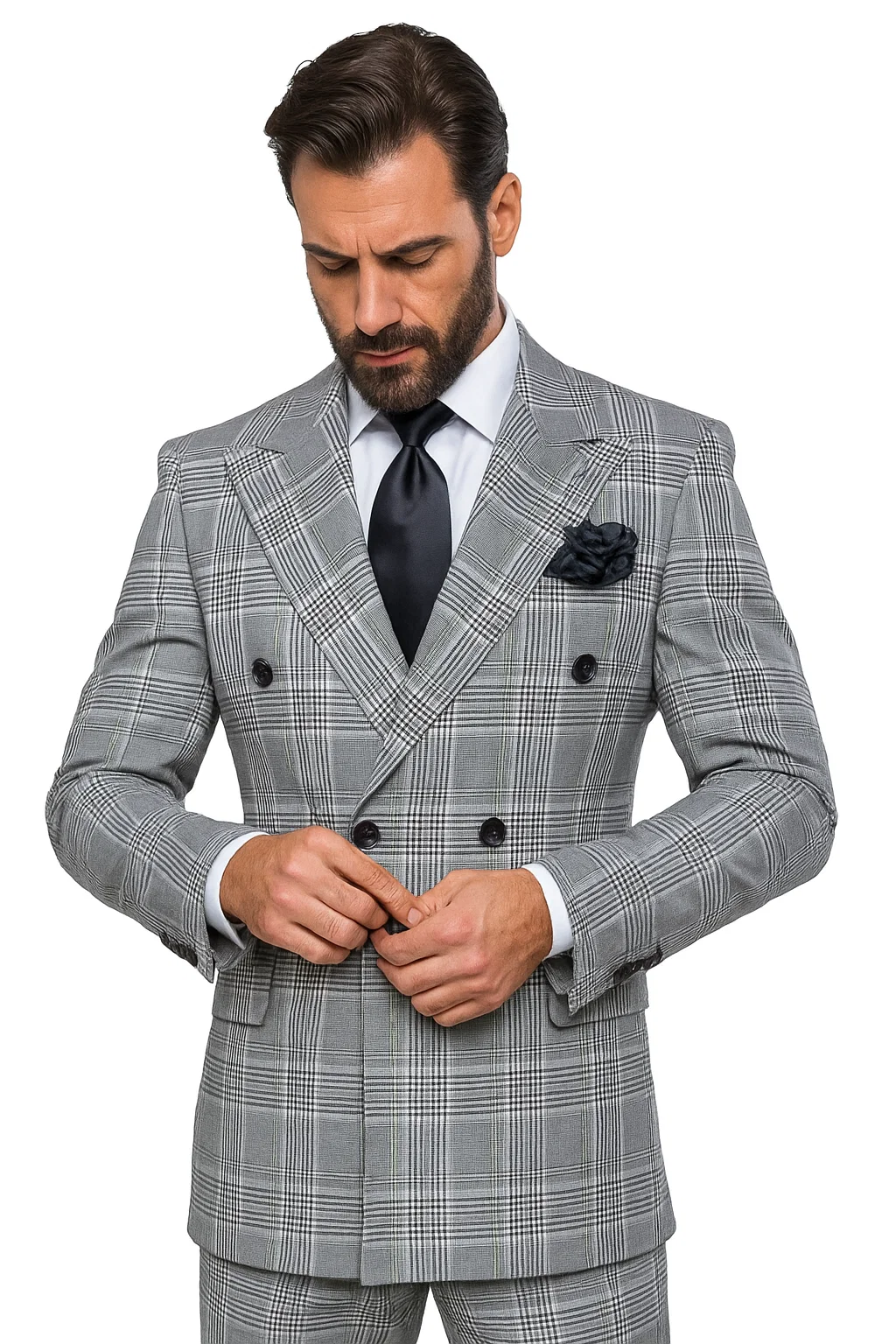 Suits With Baggy Pleated Pants - Wide Leg Pants 100% Wool - Classic Fit in Black and White Plaid Color by Rossiman - 38 Regular