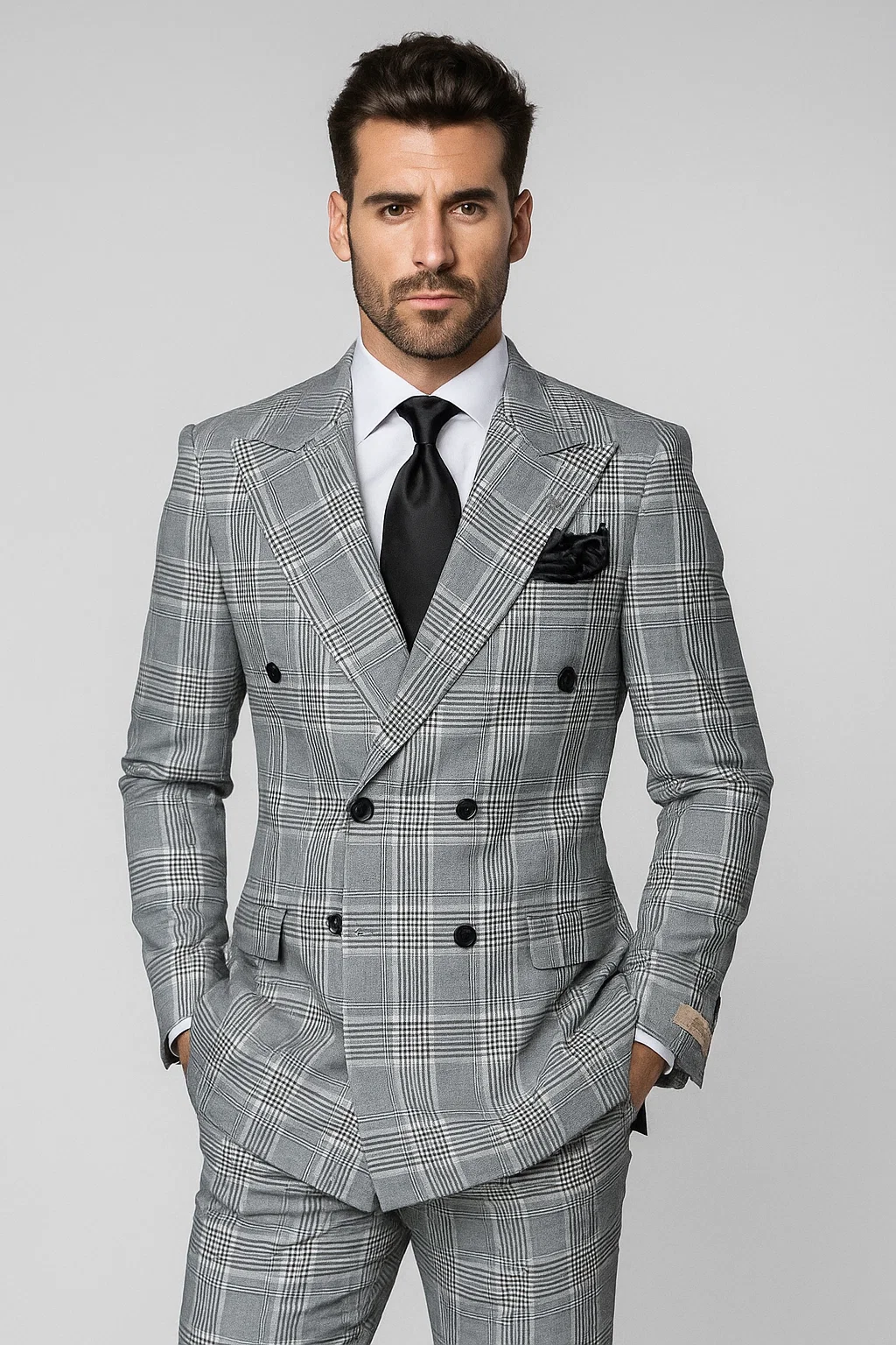 Suits With Baggy Pleated Pants - Wide Leg Pants 100% Wool - Classic Fit in Black and White Plaid Color by Rossiman - 38 Regular