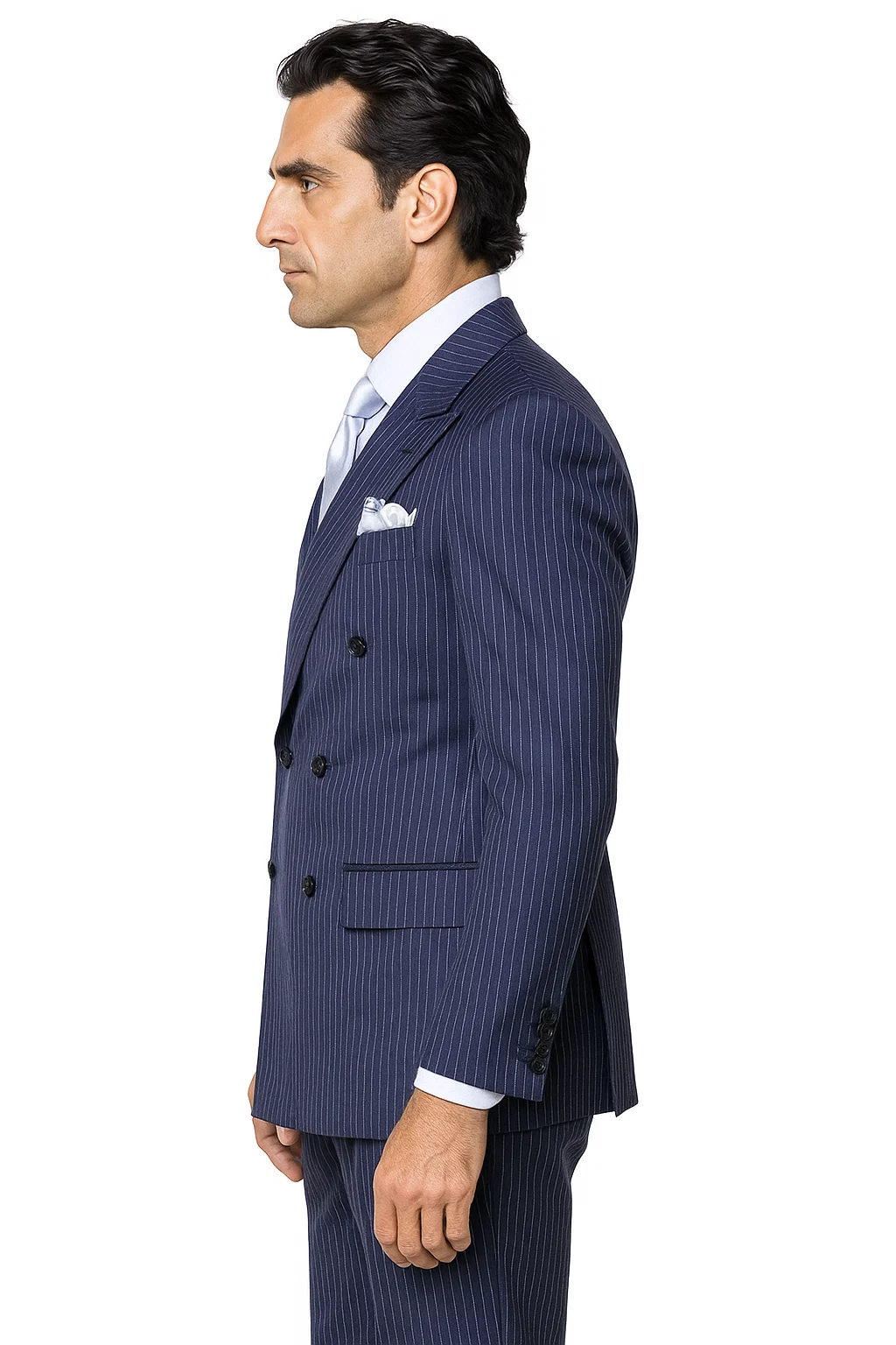 Suits With Baggy Pleated Pants - Wide Leg Pants 100% Wool - Classic Fit in Navy with White Pinstripe Color by Rossiman - 38 Regular