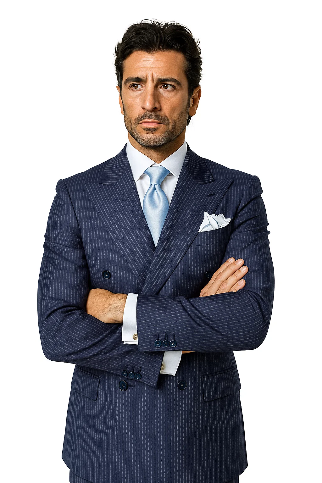 Suits With Baggy Pleated Pants - Wide Leg Pants 100% Wool - Classic Fit in Navy with White Pinstripe Color by Rossiman - 38 Regular