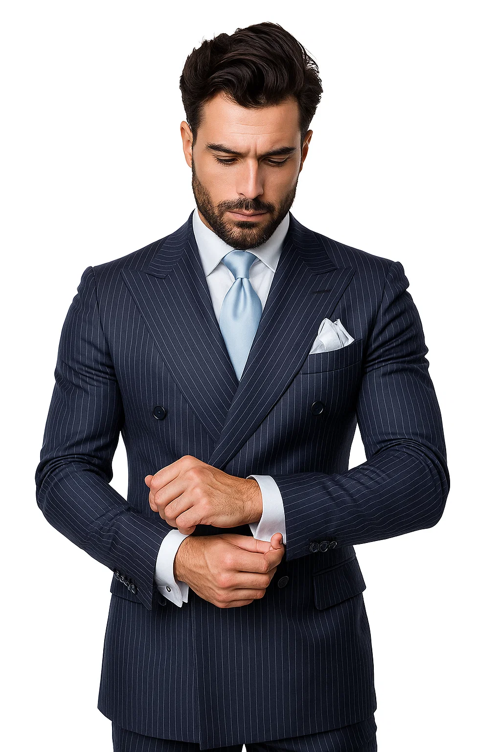 Suits With Baggy Pleated Pants - Wide Leg Pants 100% Wool - Classic Fit in Navy with White Pinstripe Color by Rossiman - 38 Regular